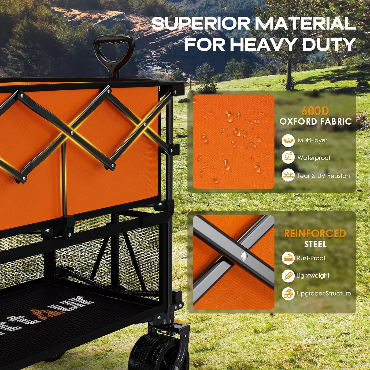 Foldable 50''L Extra Long Double Decker Wagon for Sport, 400L Collapsible Heavy Duty Wagon Cart with Big Wheels, Utility All-Terrain Large Extender Cart for Outdoors, Orange