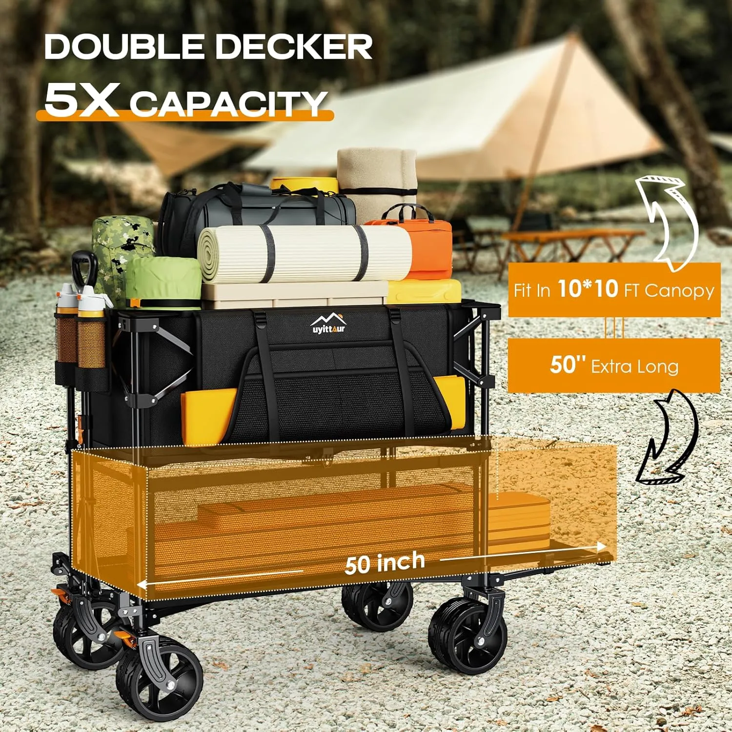Foldable 50''L Extra Long Double Decker Wagon for Sport, 400L Collapsible Heavy Duty Wagon Cart with Big Wheels, Utility All-Terrain Large Extender Cart for Outdoors