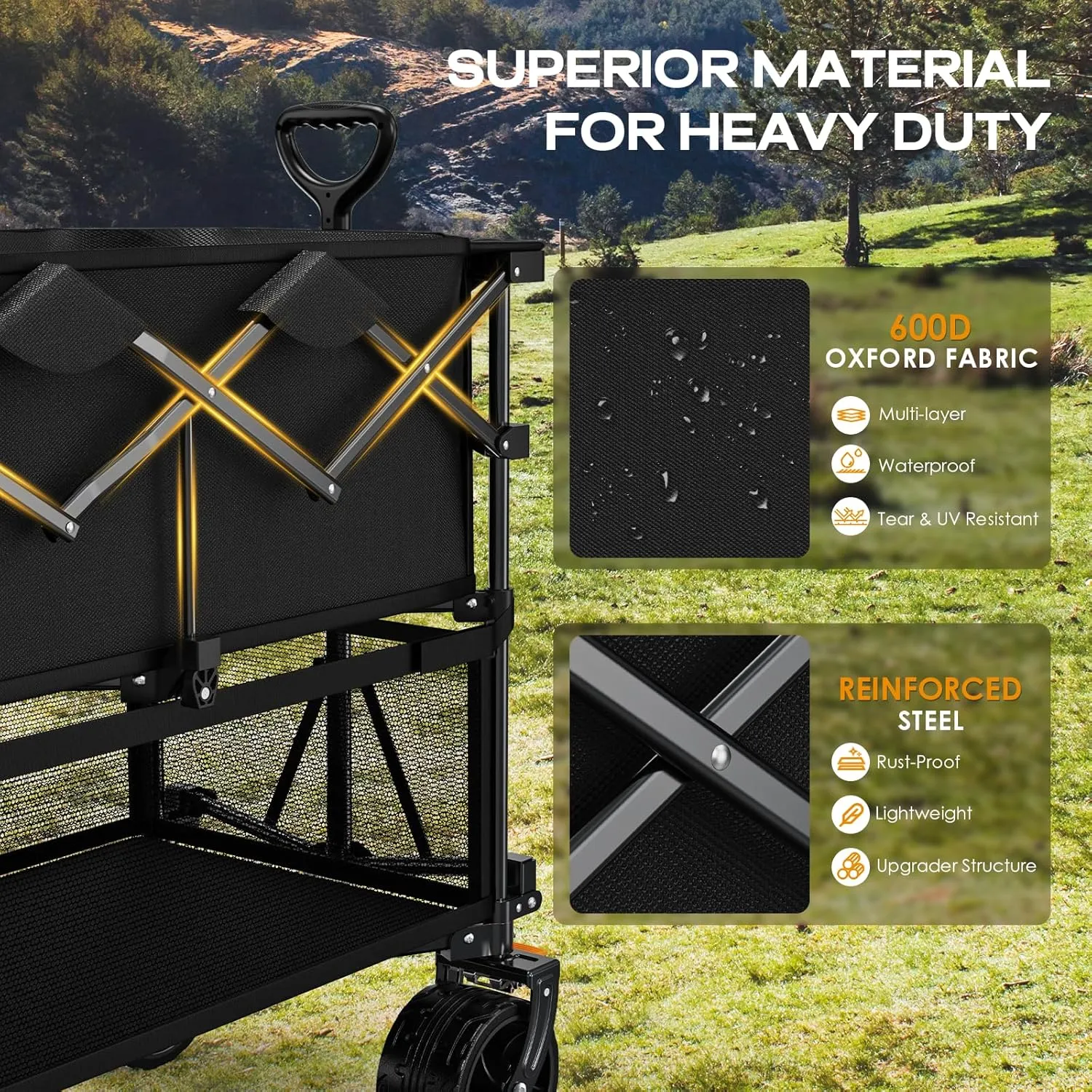 Foldable 50''L Extra Long Double Decker Wagon for Sport, 400L Collapsible Heavy Duty Wagon Cart with Big Wheels, Utility All-Terrain Large Extender Cart for Outdoors