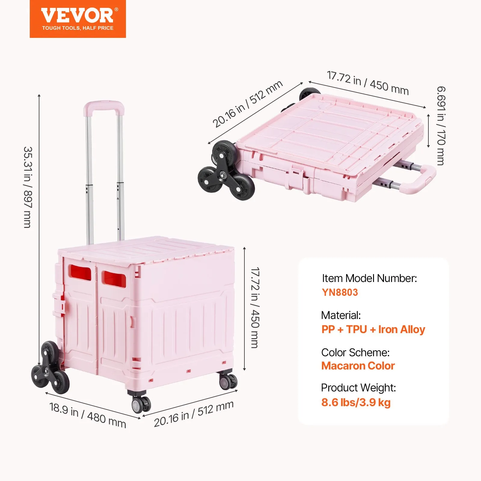 Foldable Cart with Stair Climbing Wheels Collapsible Rolling Crate 65L
