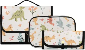 Foldable Hanging Travel Toiletry Organizer Set 3-Piece with Cosmetic Bag & Brush Holder - Cute Dinosaur (9)