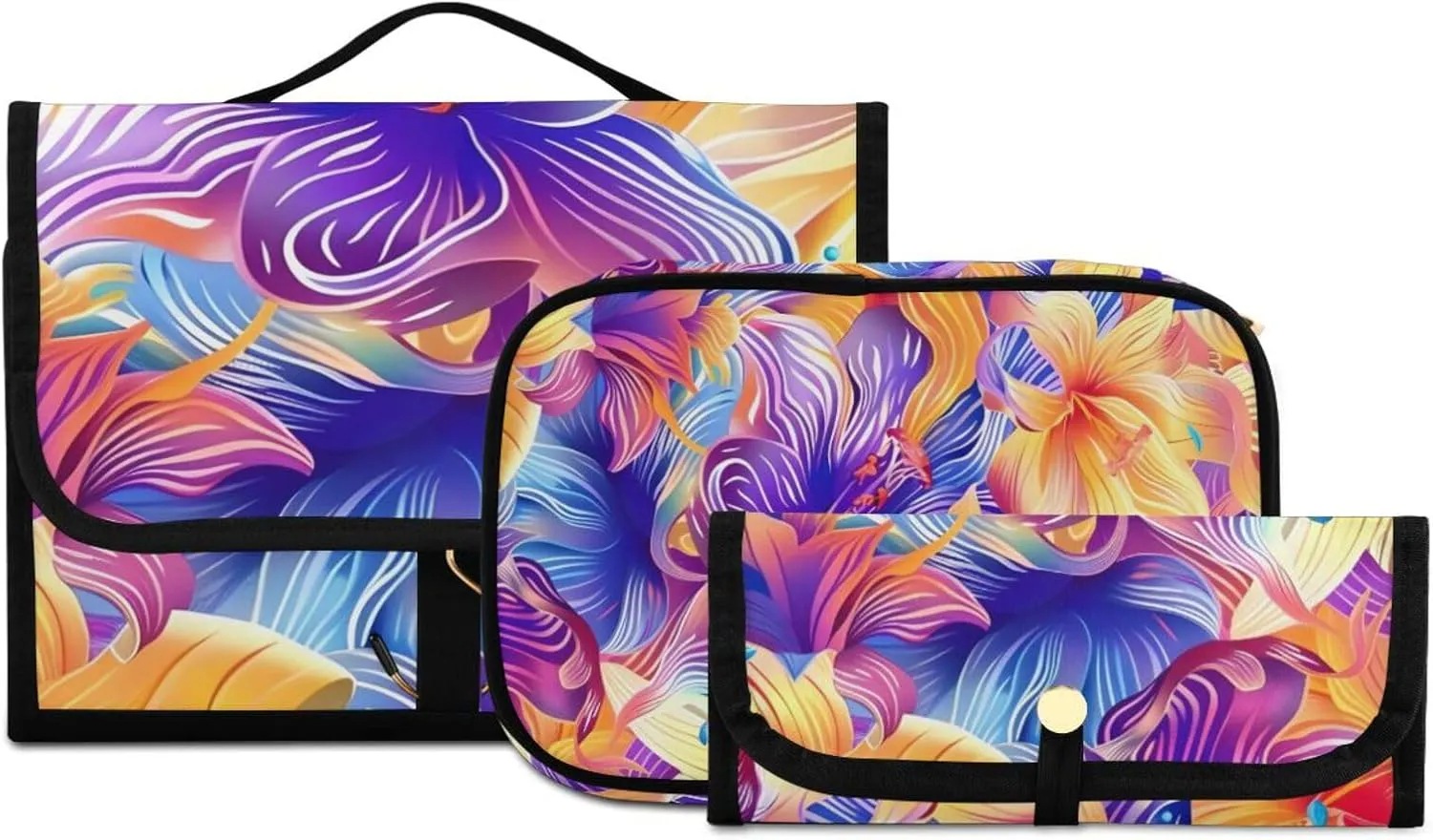 Foldable Hanging Travel Toiletry Organizer Set 3-Piece with Cosmetic Bag & Brush Holder - Flower (20)
