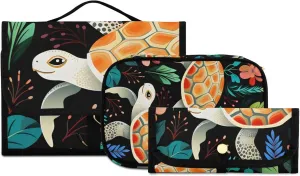 Foldable Hanging Travel Toiletry Organizer Set 3-Piece with Cosmetic Bag & Brush Holder - Illustration Turtle