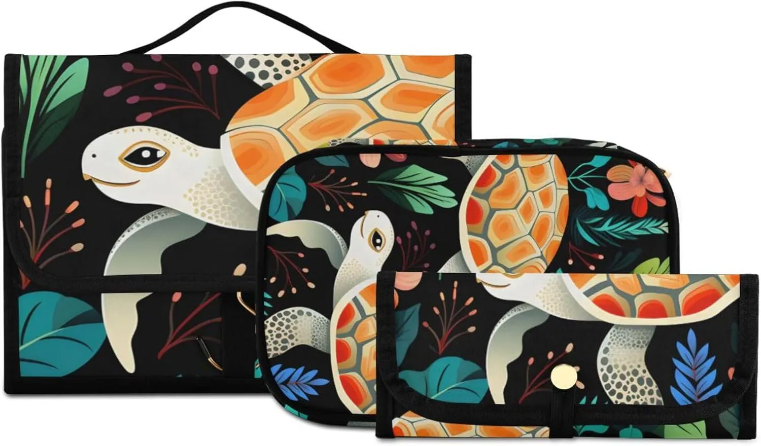 Foldable Hanging Travel Toiletry Organizer Set 3-Piece with Cosmetic Bag & Brush Holder - Illustration Turtle
