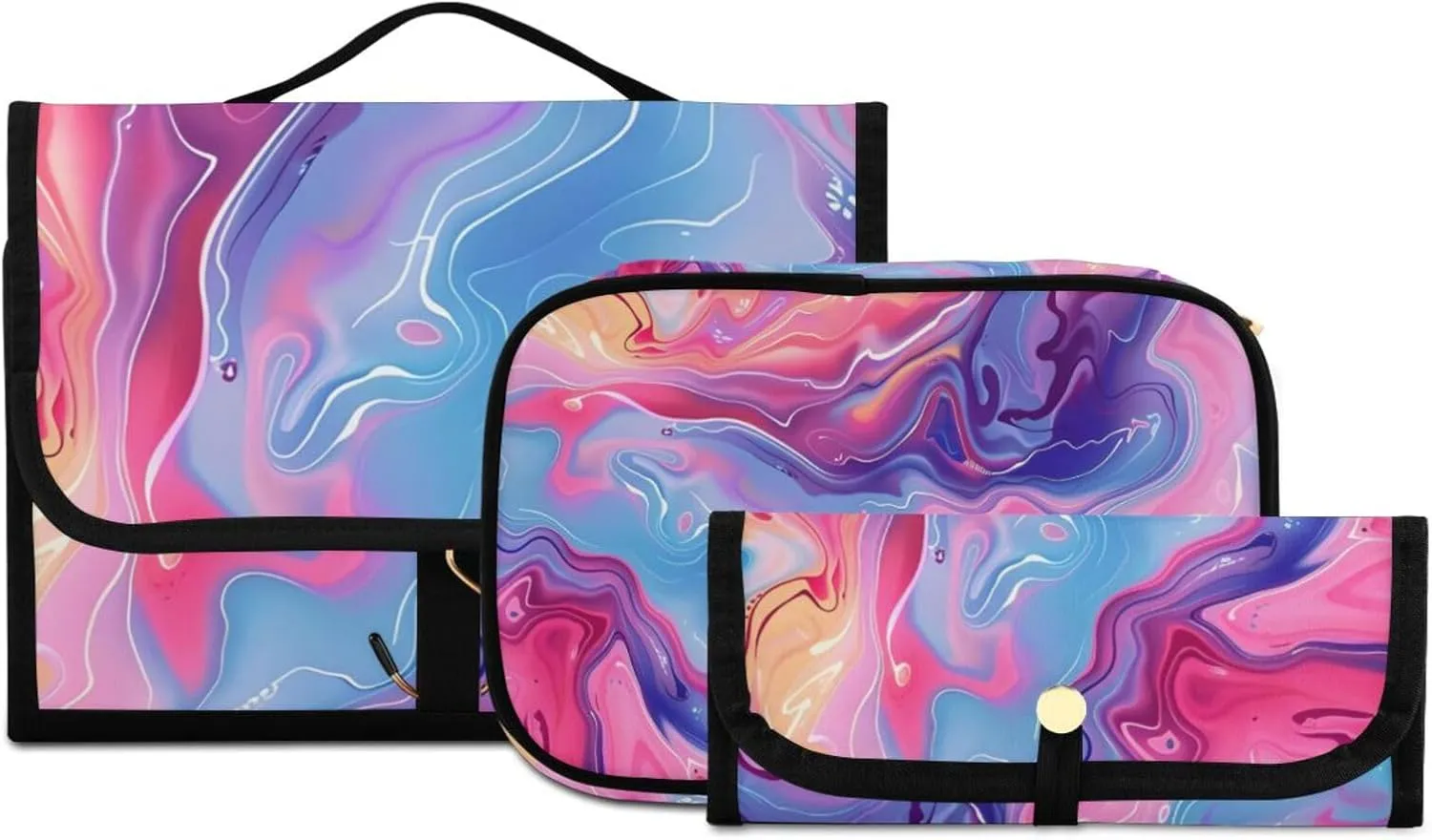 Foldable Hanging Travel Toiletry Organizer Set 3-Piece with Cosmetic Bag & Brush Holder - Marble (3)