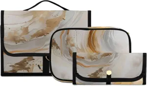 Foldable Hanging Travel Toiletry Organizer Set 3-Piece with Cosmetic Bag & Brush Holder - Marble Gold White (2)