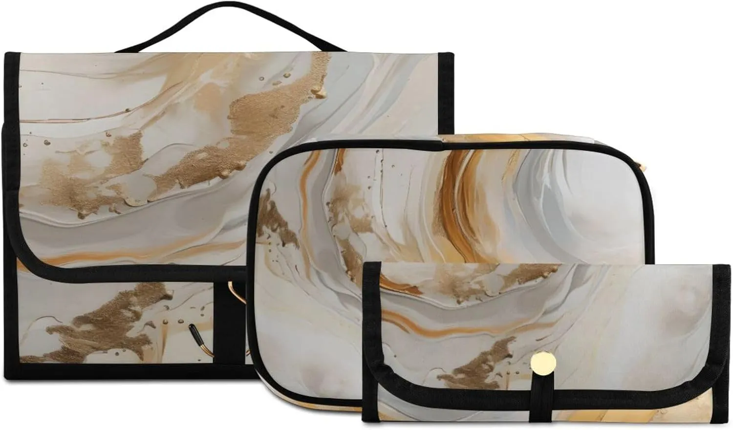 Foldable Hanging Travel Toiletry Organizer Set 3-Piece with Cosmetic Bag & Brush Holder - Marble Gold White (2)