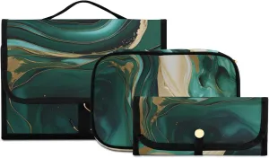 Foldable Hanging Travel Toiletry Organizer Set 3-Piece with Cosmetic Bag & Brush Holder - Marble Green