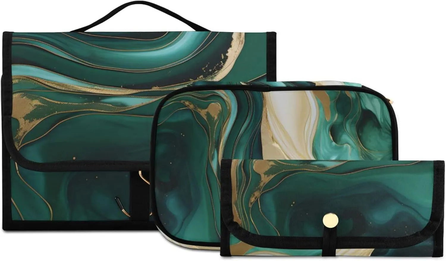 Foldable Hanging Travel Toiletry Organizer Set 3-Piece with Cosmetic Bag & Brush Holder - Marble Green