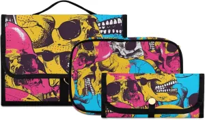 Foldable Hanging Travel Toiletry Organizer Set 3-Piece with Cosmetic Bag & Brush Holder - Skull (1)