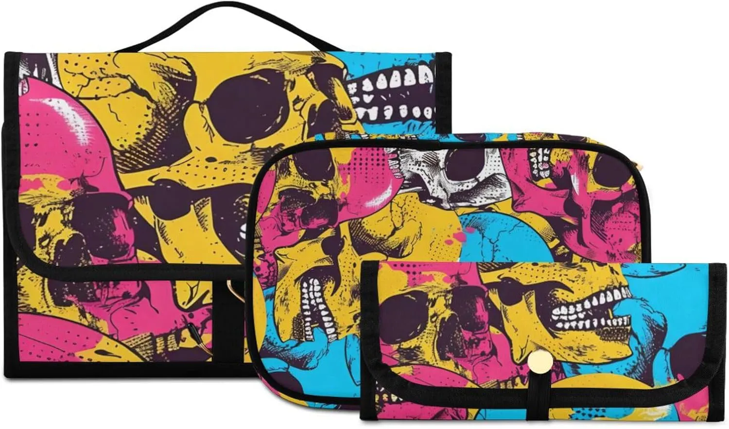 Foldable Hanging Travel Toiletry Organizer Set 3-Piece with Cosmetic Bag & Brush Holder - Skull (1)