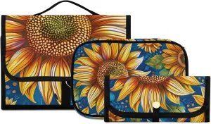 Foldable Hanging Travel Toiletry Organizer Set 3-Piece with Cosmetic Bag & Brush Holder - Sunflower (15)