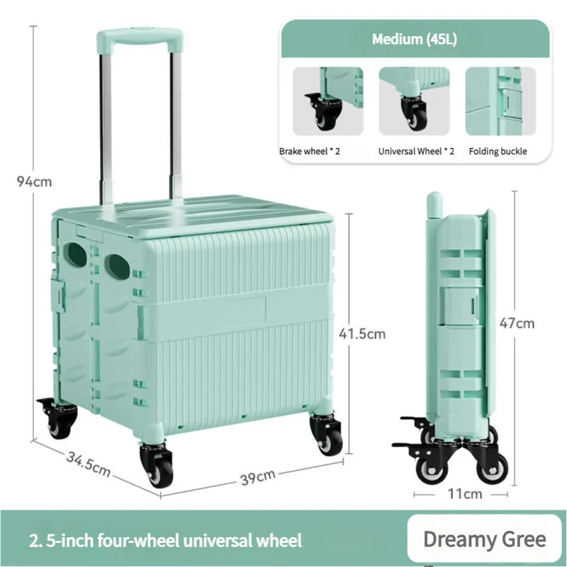 Foldable Rolling Storage Cart with Telescopic Handle - Large Capacity, Portable Utility Box  45L white