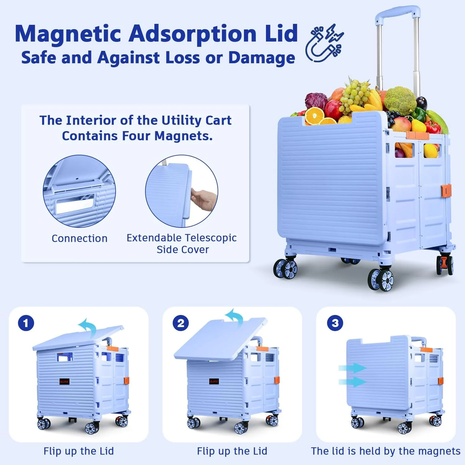 Foldable Utility Cart Collapsible Portable Crate Rolling Carts with Wheels Tote Basket with Magnetic Lid Telescopic Cover Wear-Resistant 360°Rotate Wheel Noiseless for Shopping Storage Office Use