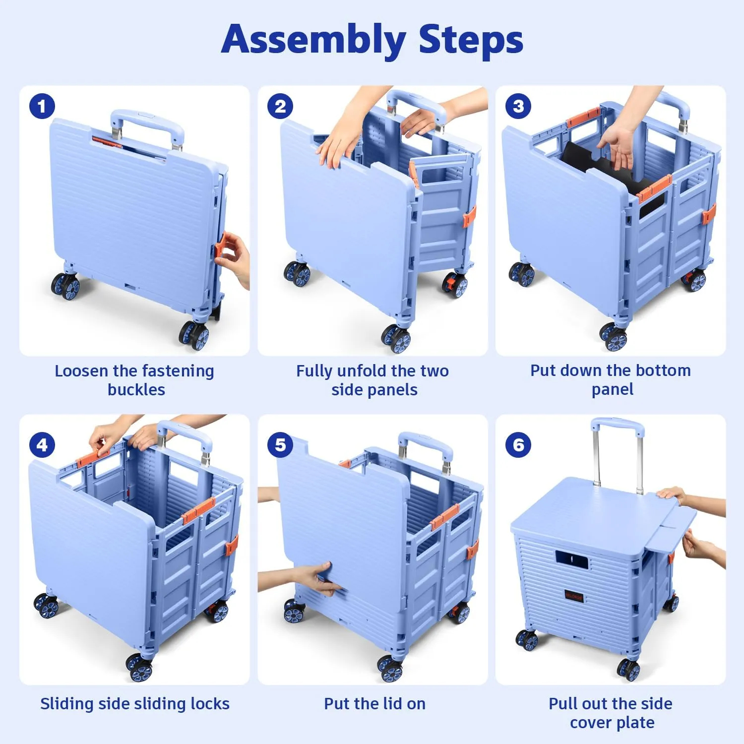 Foldable Utility Cart Collapsible Portable Crate Rolling Carts with Wheels Tote Basket with Magnetic Lid Telescopic Cover Wear-Resistant 360°Rotate Wheel Noiseless for Shopping Storage Office Use