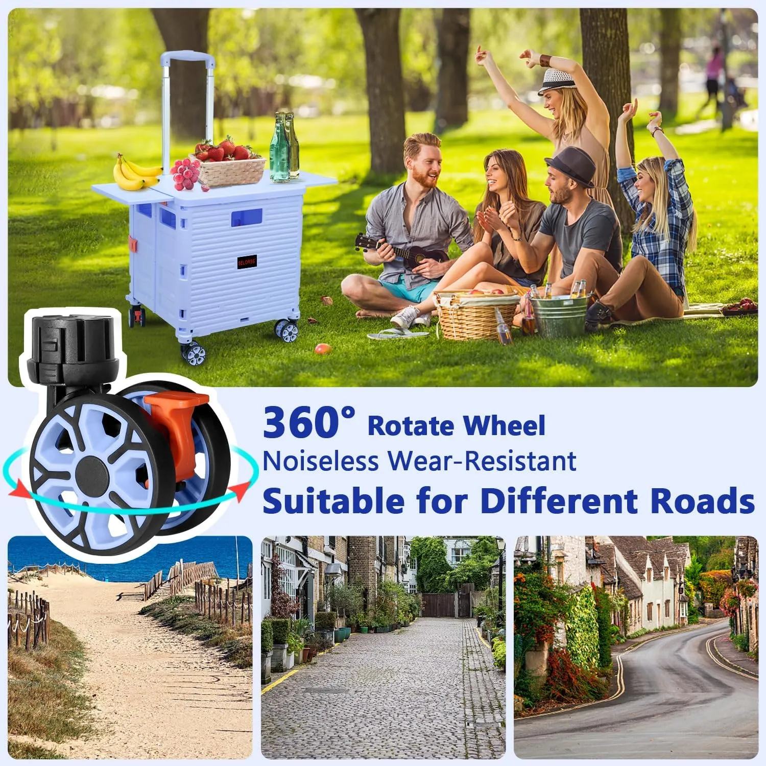 Foldable Utility Cart Collapsible Portable Crate Rolling Carts with Wheels Tote Basket with Magnetic Lid Telescopic Cover Wear-Resistant 360°Rotate Wheel Noiseless for Shopping Storage Office Use