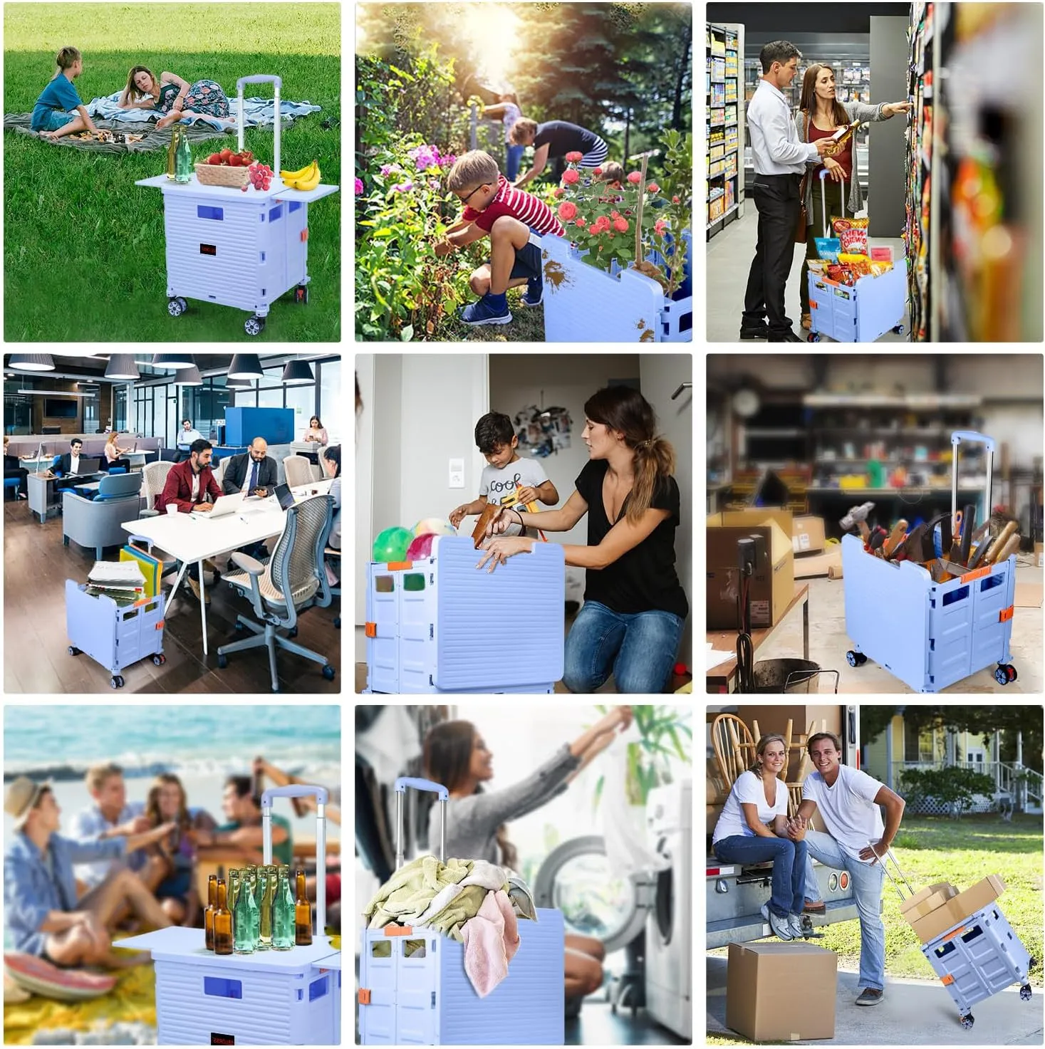 Foldable Utility Cart Collapsible Portable Crate Rolling Carts with Wheels Tote Basket with Magnetic Lid Telescopic Cover Wear-Resistant 360°Rotate Wheel Noiseless for Shopping Storage Office Use