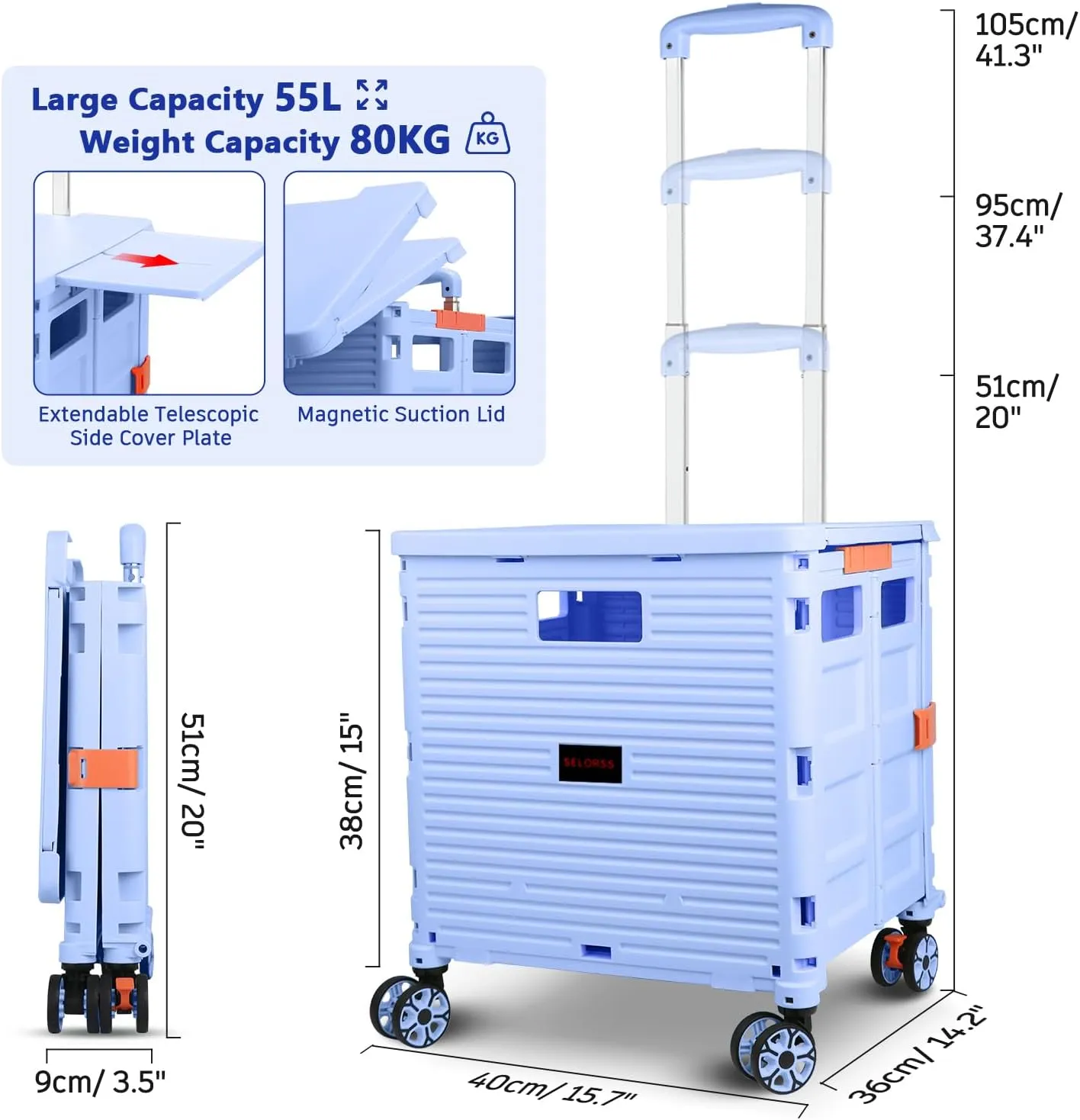 Foldable Utility Cart Collapsible Portable Crate Rolling Carts with Wheels Tote Basket with Magnetic Lid Telescopic Cover Wear-Resistant 360°Rotate Wheel Noiseless for Shopping Storage Office Use