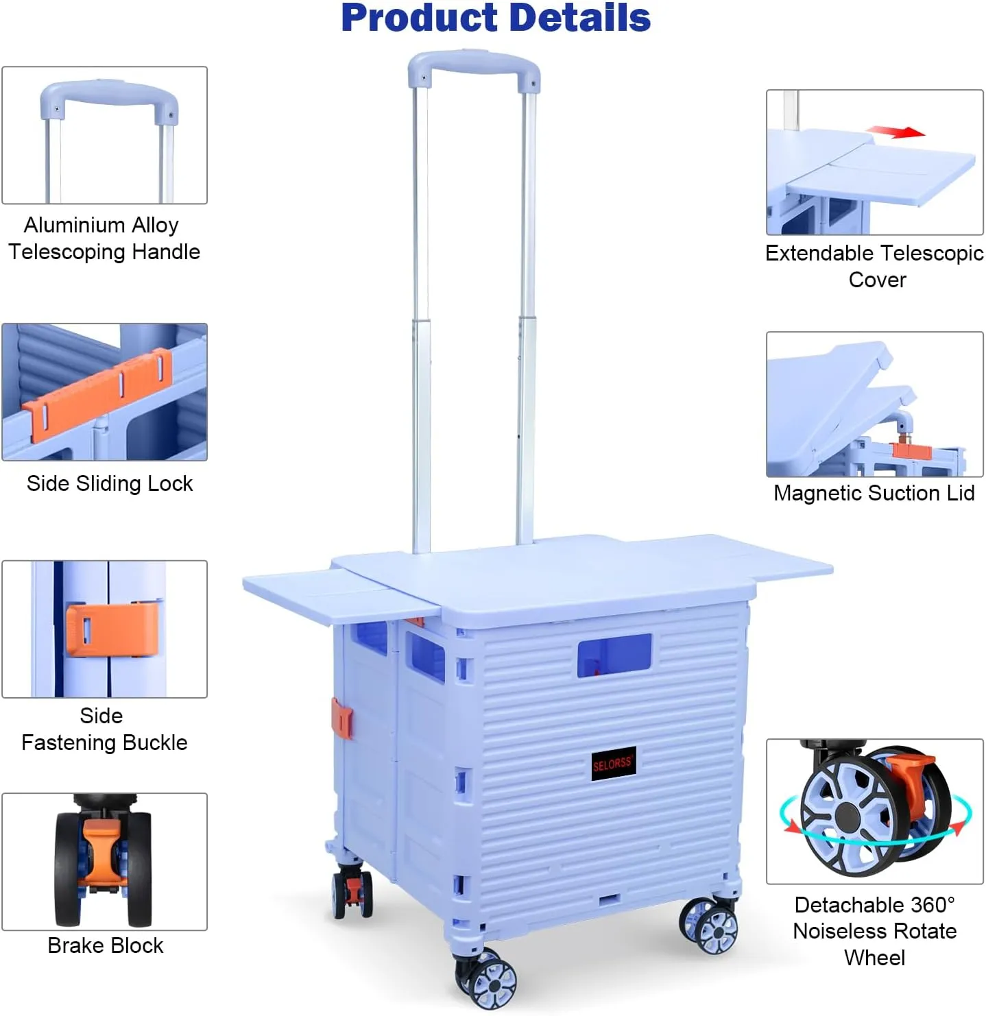 Foldable Utility Cart Collapsible Portable Crate Rolling Carts with Wheels Tote Basket with Magnetic Lid Telescopic Cover Wear-Resistant 360°Rotate Wheel Noiseless for Shopping Storage Office Use