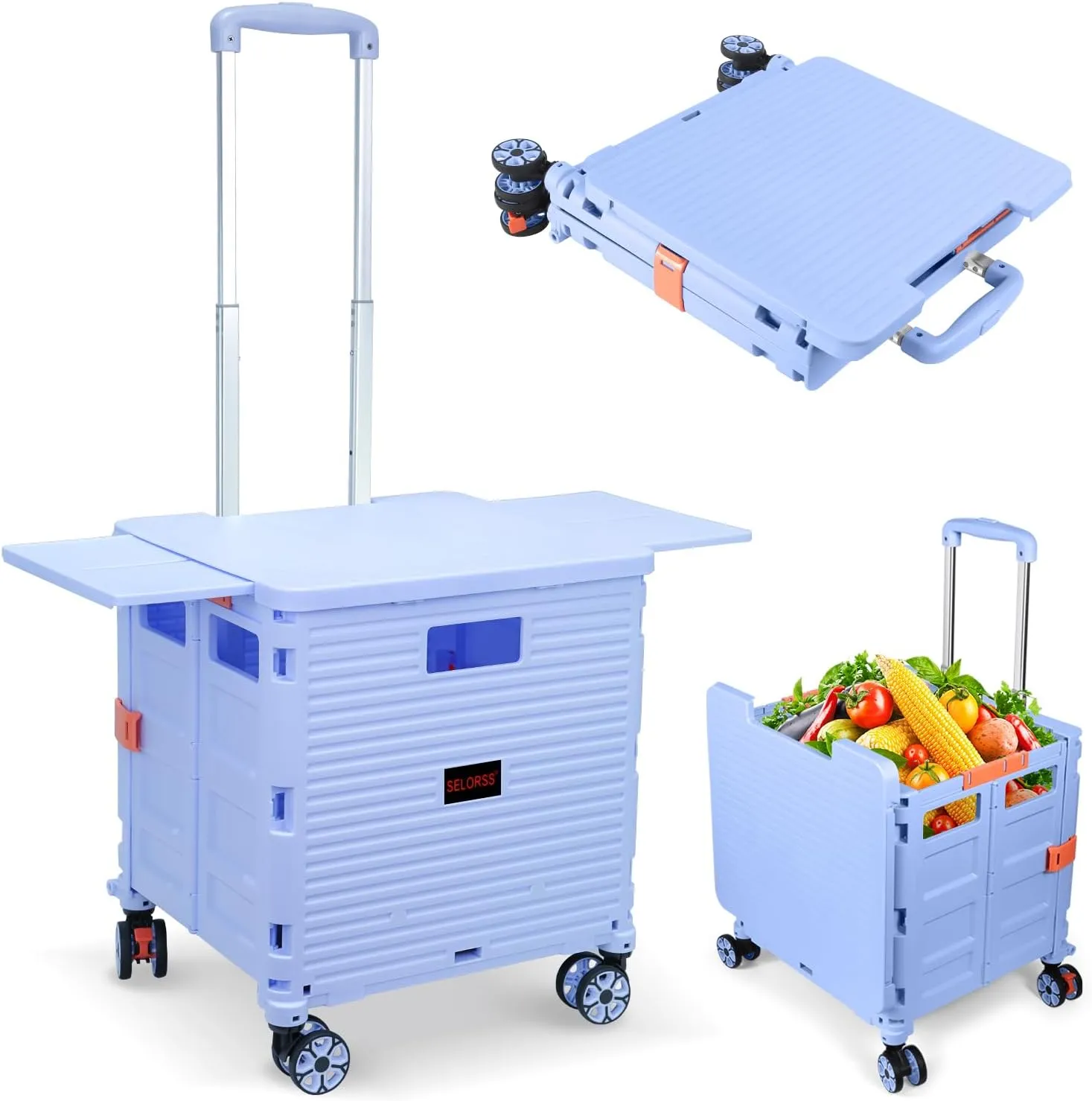 Foldable Utility Cart Collapsible Portable Crate Rolling Carts with Wheels Tote Basket with Magnetic Lid Telescopic Cover Wear-Resistant 360°Rotate Wheel Noiseless for Shopping Storage Office Use