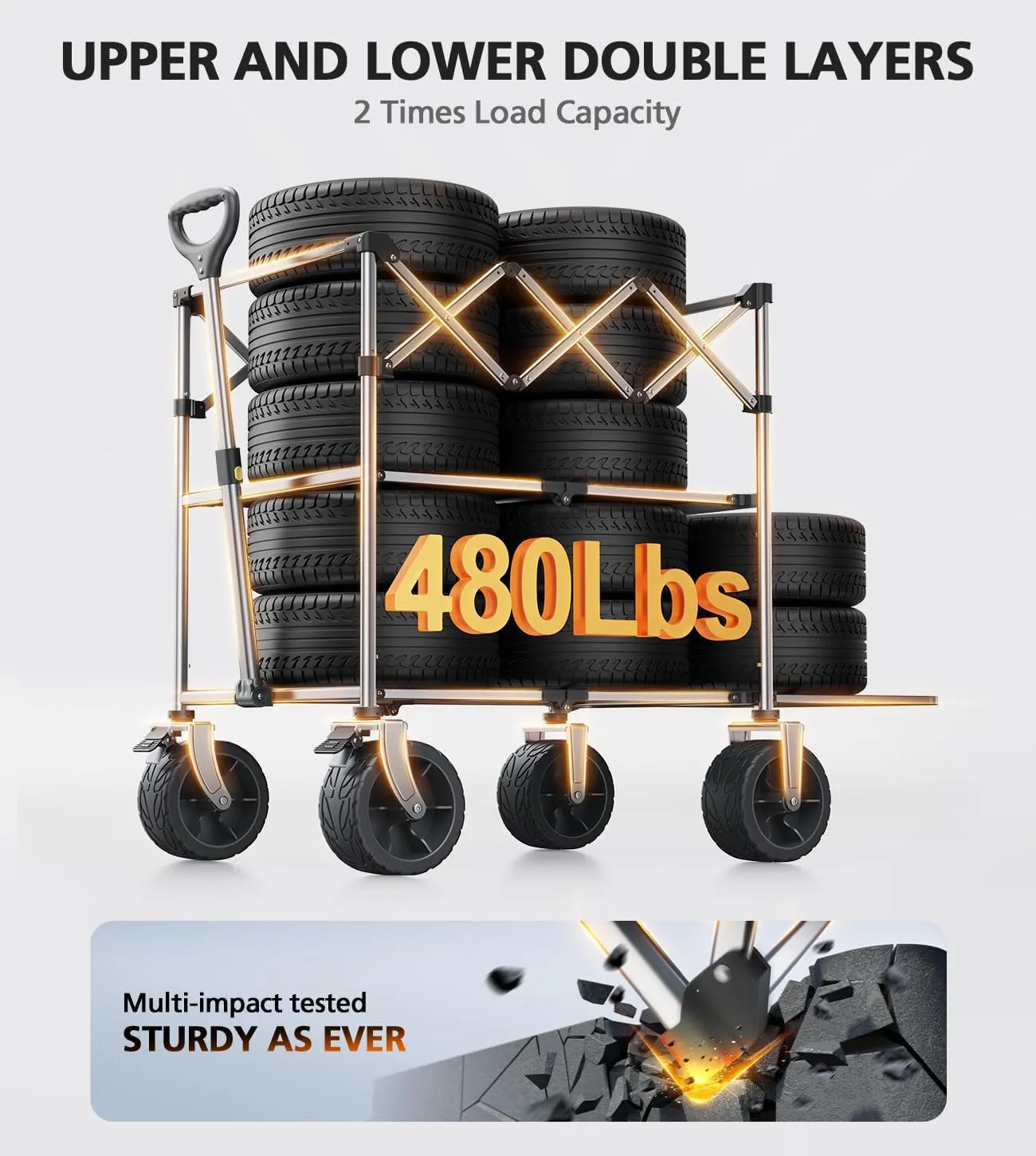Foldable Wagon Cart,Everyfun 480Lbs Double Decker Wagon,Beach Carts with Big Wheels&Side Pocket&Dustbag,Large Capacity Folding Wagon for Shopping,Garden,Camping,Fish,New Wave Sports Wagon-Black