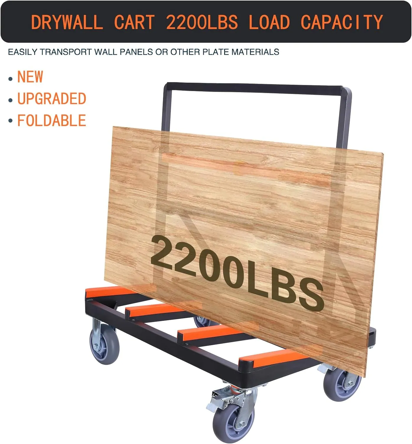 Folding Drywall Cart Heavy Duty,Panel Cart Load 2200 lbs Capacity,Drywall Dolly with Rubber Swivel Casters,Panel Dolly Handling Plywood Sheetrock Glass and Windows Service