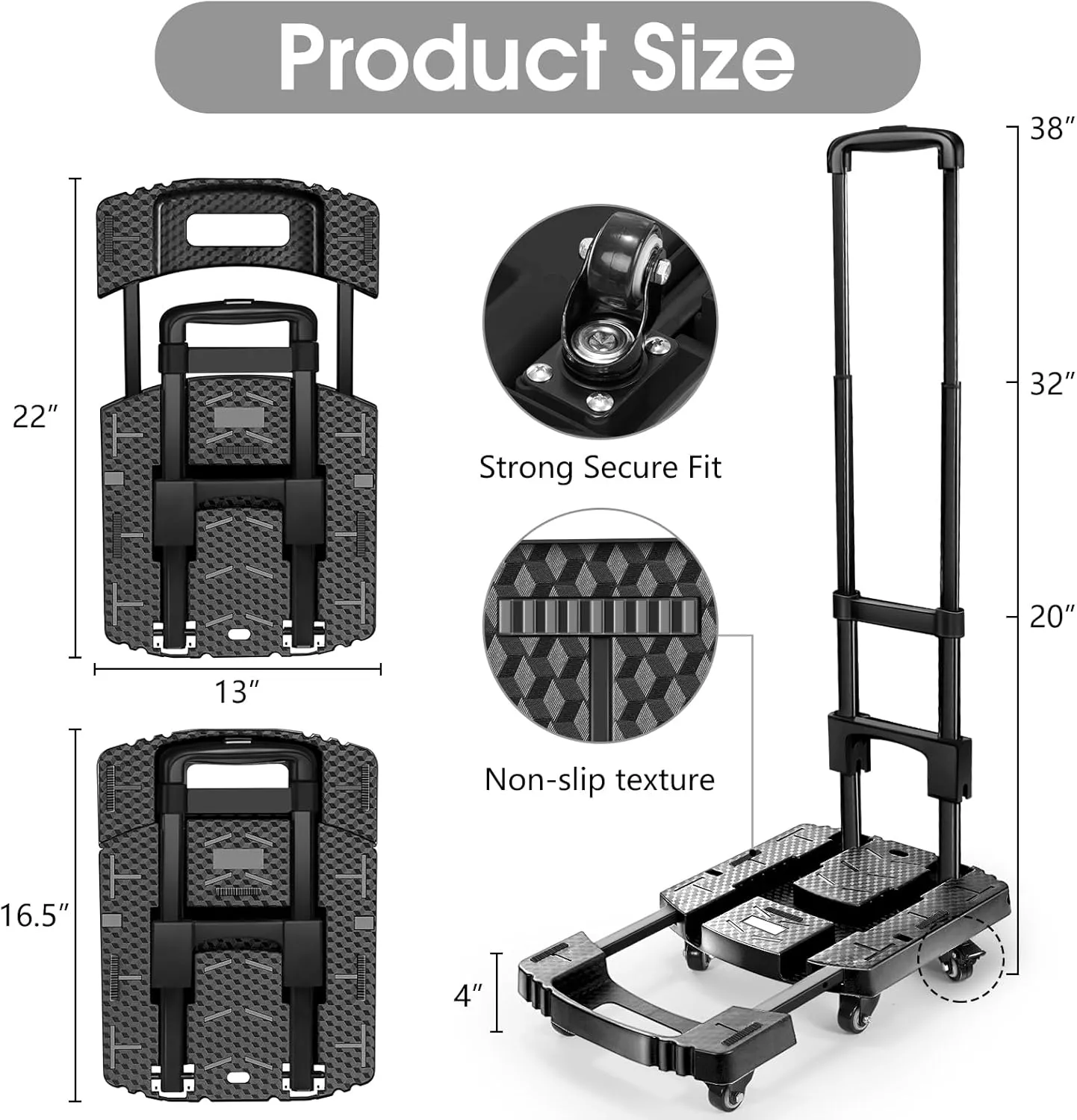 Folding Hand Truck 500lbs, Portable Heavy Duty Dolly Cart, 6 Wheels Collapsible Luggage Cart with 2 Elastic Ropes - Compact Trolley Cart for Easy Moving - Ideal Hand Cart for Travel and More