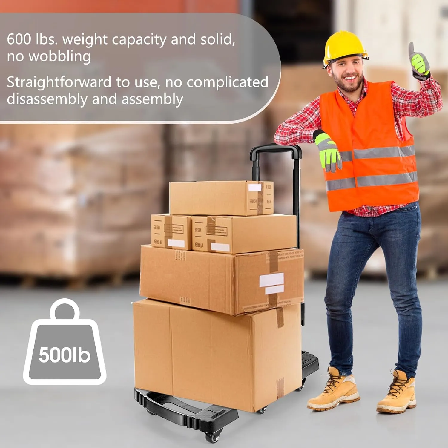 Folding Hand Truck 500lbs, Portable Heavy Duty Dolly Cart, 6 Wheels Collapsible Luggage Cart with 2 Elastic Ropes - Compact Trolley Cart for Easy Moving - Ideal Hand Cart for Travel and More