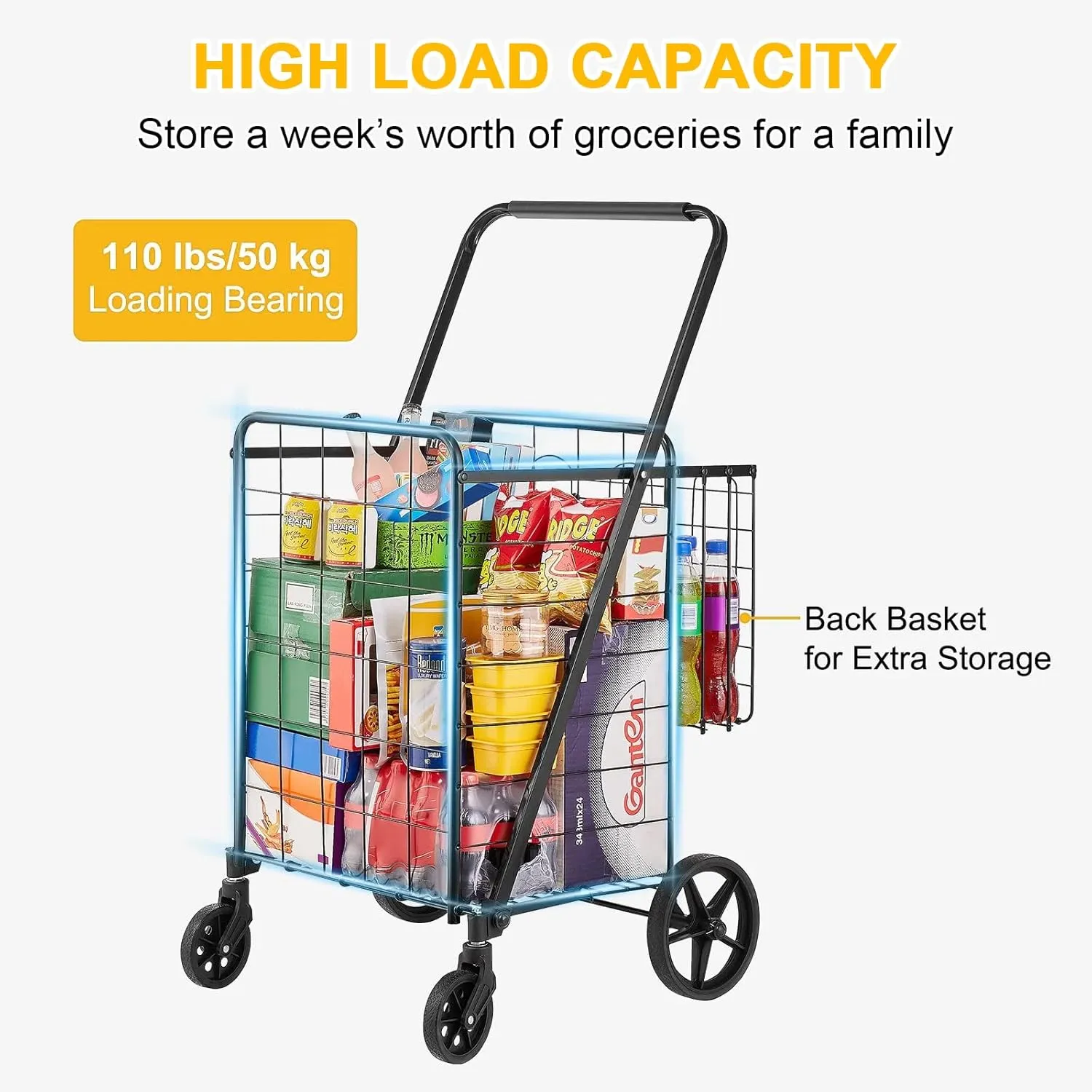Folding Shopping Cart, 110 LBS Large Capacity,Jumbo Grocery Cart with Double Baskets, 360° Swivel 4 Wheels, Heavy Duty Utility Cart,Utility Cart for Laundry, Shopping, Grocery, Luggage,Black