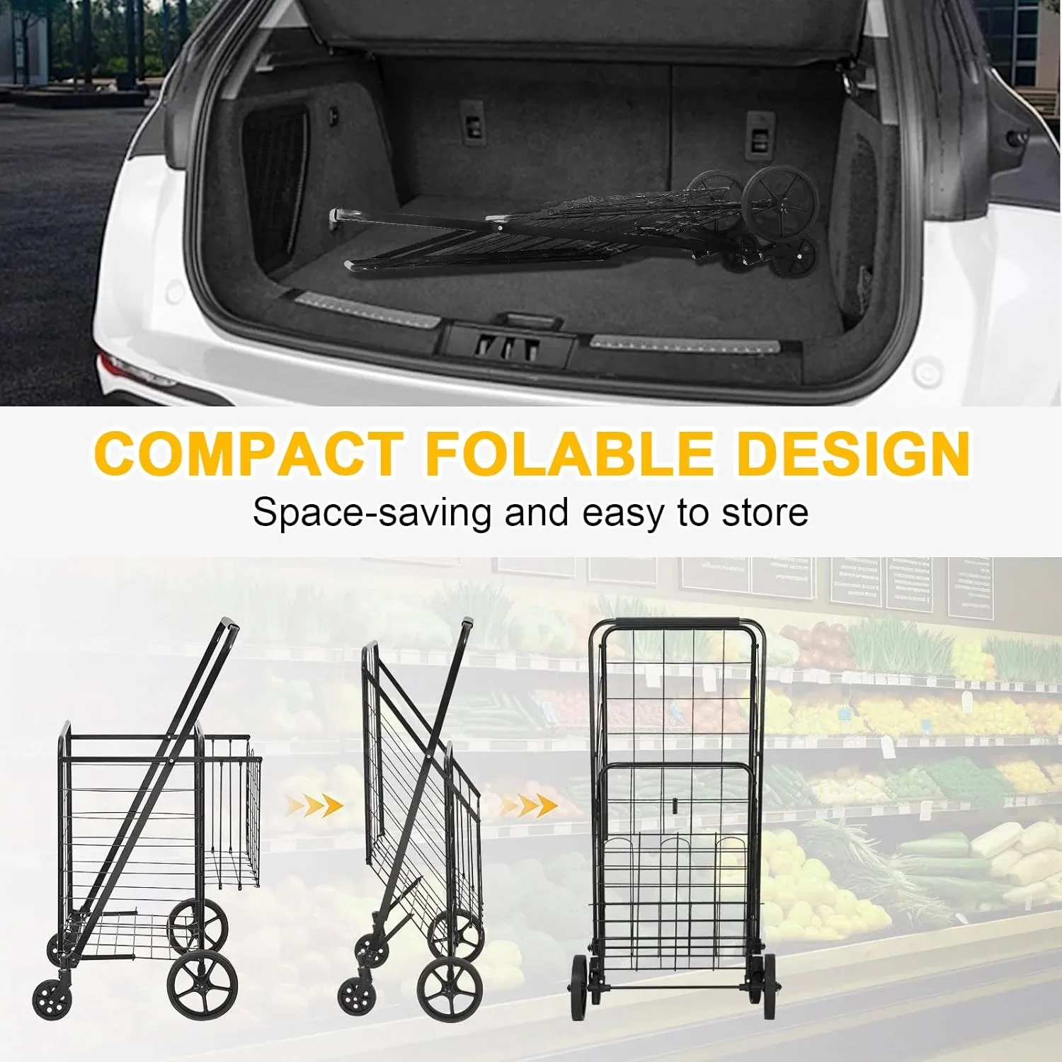 Folding Shopping Cart, 110 LBS Large Capacity,Jumbo Grocery Cart with Double Baskets, 360° Swivel 4 Wheels, Heavy Duty Utility Cart,Utility Cart for Laundry, Shopping, Grocery, Luggage,Black