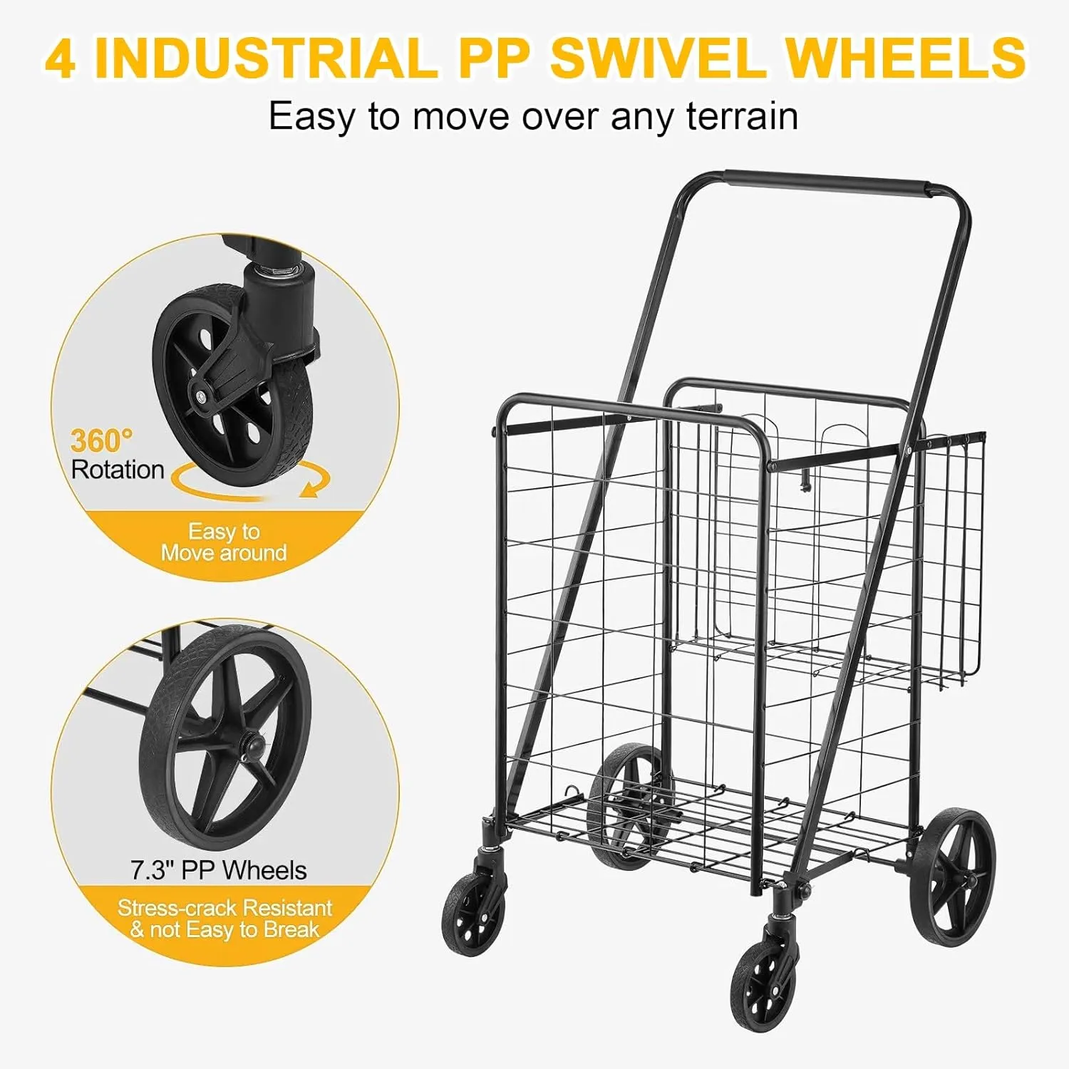 Folding Shopping Cart, 110 LBS Large Capacity,Jumbo Grocery Cart with Double Baskets, 360° Swivel 4 Wheels, Heavy Duty Utility Cart,Utility Cart for Laundry, Shopping, Grocery, Luggage,Black
