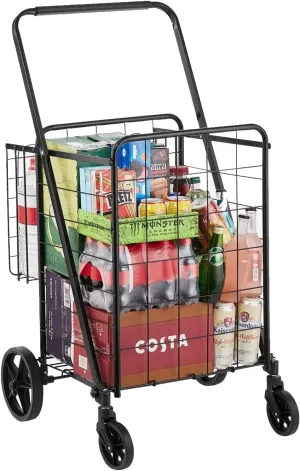 Folding Shopping Cart, 110 LBS Large Capacity,Jumbo Grocery Cart with Double Baskets, 360° Swivel 4 Wheels, Heavy Duty Utility Cart,Utility Cart for Laundry, Shopping, Grocery, Luggage,Black