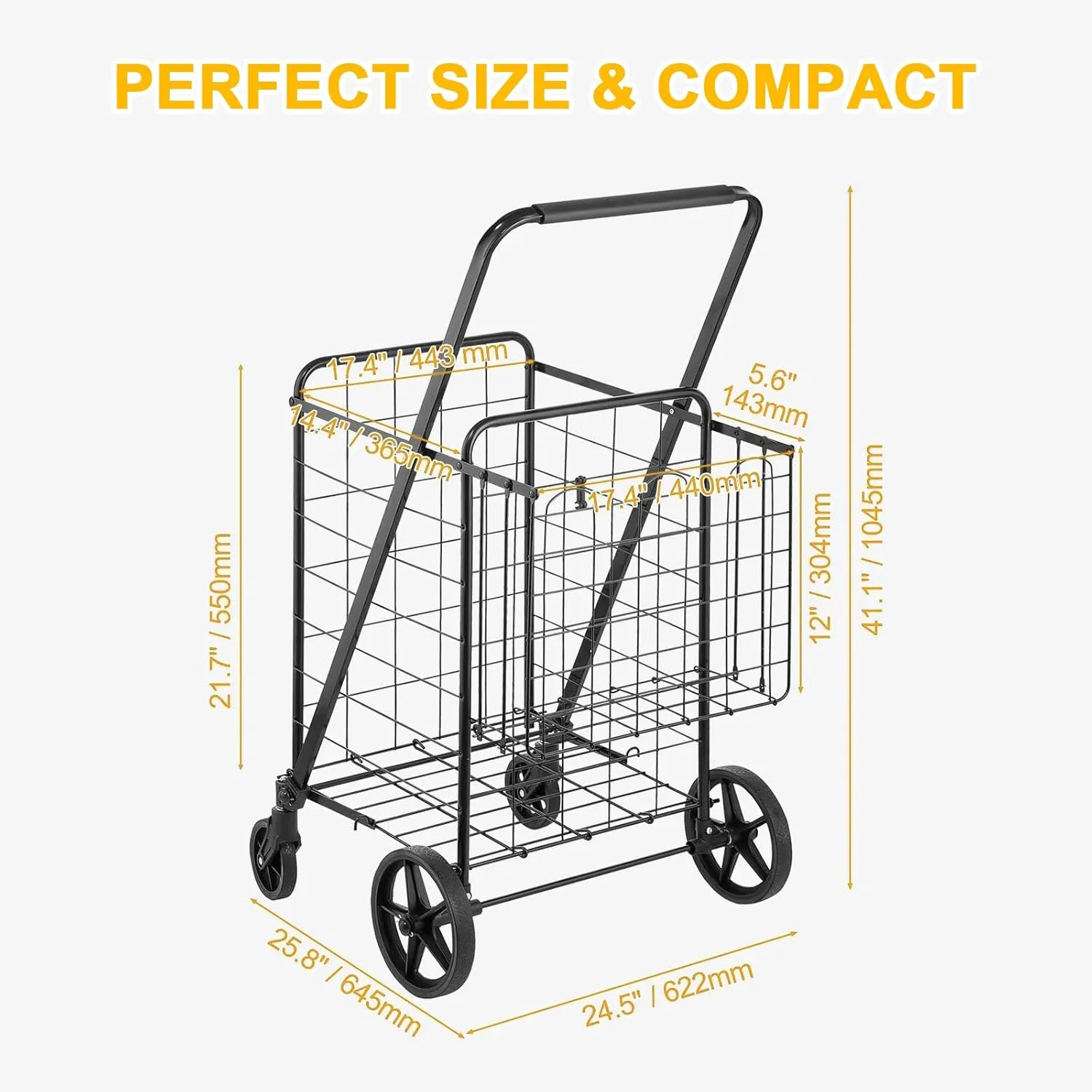 Folding Shopping Cart, 110 LBS Large Capacity,Jumbo Grocery Cart with Double Baskets, 360° Swivel 4 Wheels, Heavy Duty Utility Cart,Utility Cart for Laundry, Shopping, Grocery, Luggage,Black