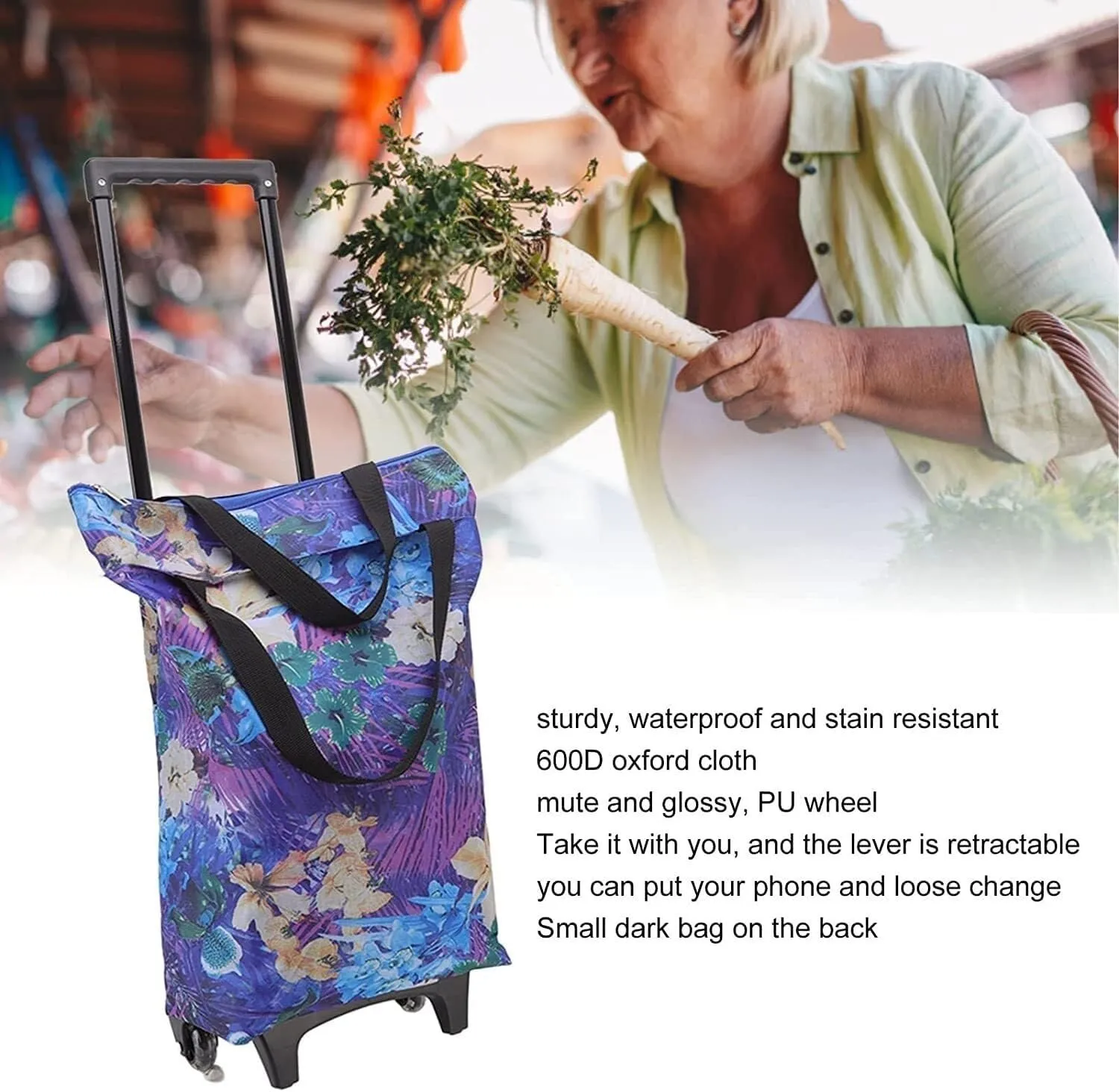 Folding Shopping Cart, Trolley Foldable Shopping Pull Cart Cloth Trolley Bag with 2 Wheels Steel Pipe Washable Small Push Cart Grocery Utility Carts(Blue)
