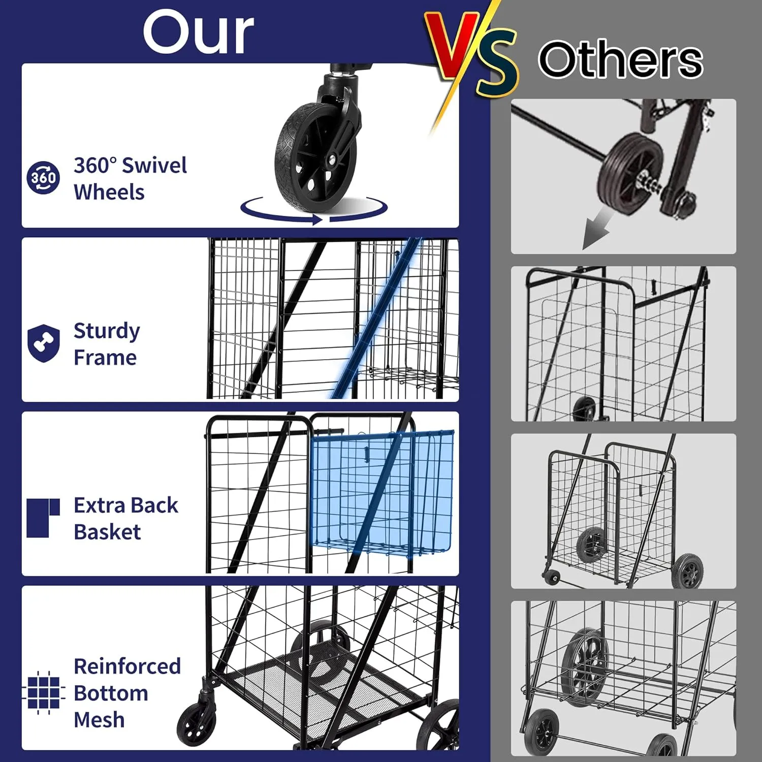 Folding Shopping Cart with Waterproof Liner, Grocery Cart Large Bag with Top Cover, 400 Lb Capacity, Utility Cart with 360° Rolling Swivel Wheels, Extra Large & Extra Basket