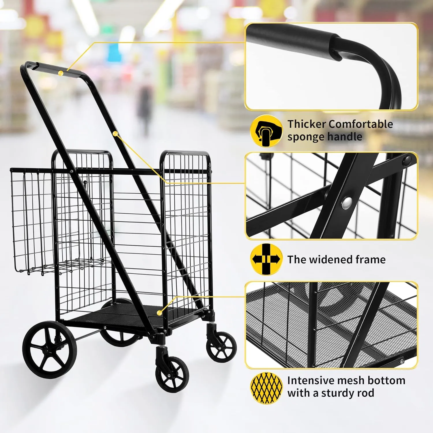 Folding Shopping Cart with Waterproof Liner, Grocery Cart Large Bag with Top Cover, 400 Lb Capacity, Utility Cart with 360° Rolling Swivel Wheels, Extra Large & Extra Basket