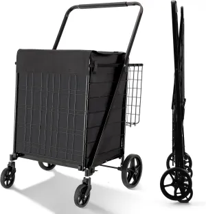Folding Shopping Cart with Waterproof Liner, Grocery Cart Large Bag with Top Cover, 400 Lb Capacity, Utility Cart with 360° Rolling Swivel Wheels, Extra Large & Extra Basket