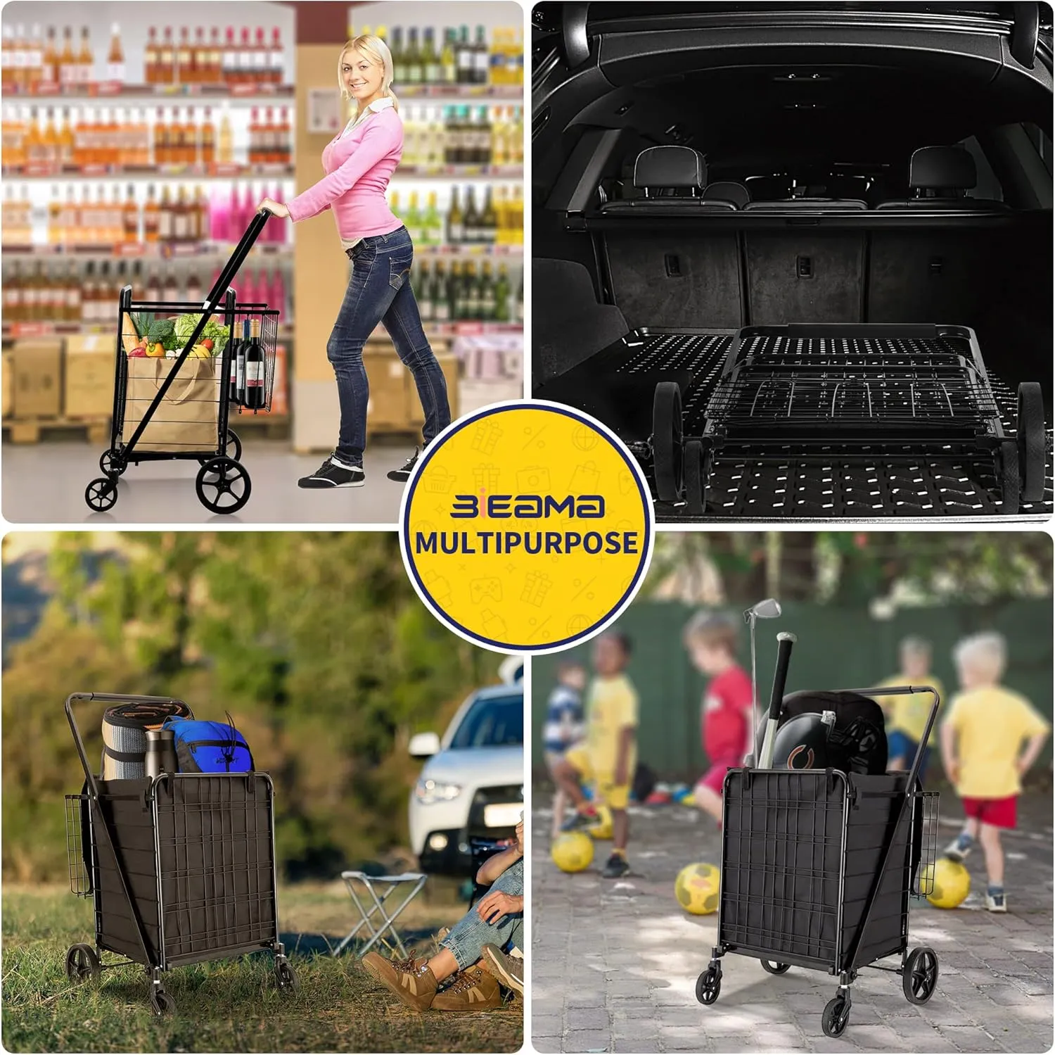 Folding Shopping Cart with Waterproof Liner, Grocery Cart Large Bag with Top Cover, 400 Lb Capacity, Utility Cart with 360° Rolling Swivel Wheels, Extra Large & Extra Basket