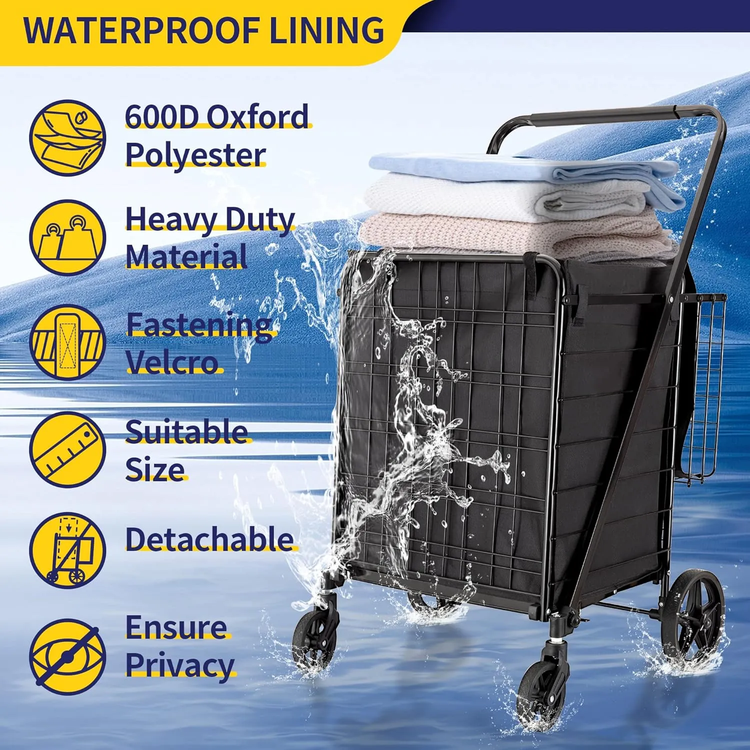 Folding Shopping Cart with Waterproof Liner, Grocery Cart Large Bag with Top Cover, 400 Lb Capacity, Utility Cart with 360° Rolling Swivel Wheels, Extra Large & Extra Basket