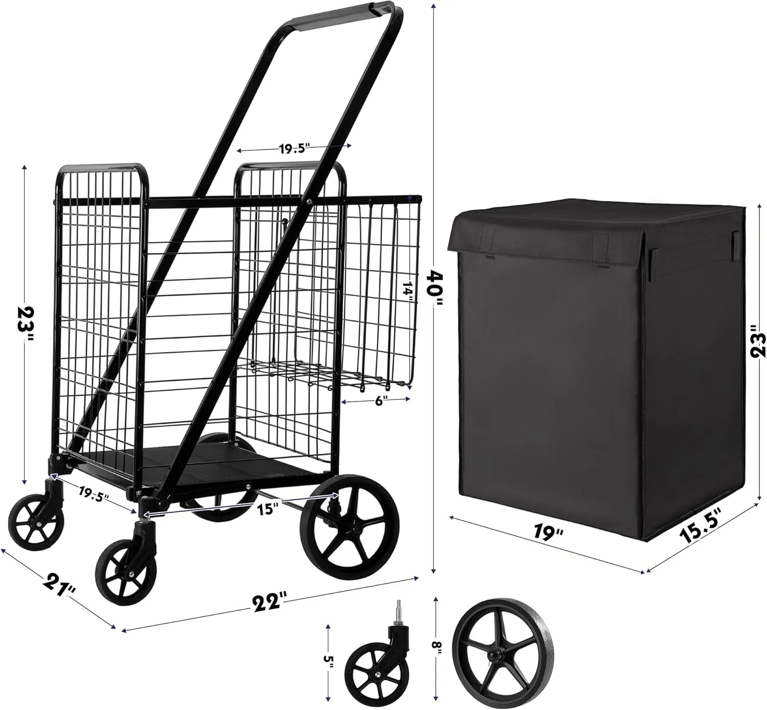 Folding Shopping Cart with Waterproof Liner, Grocery Cart Large Bag with Top Cover, 400 Lb Capacity, Utility Cart with 360° Rolling Swivel Wheels, Extra Large & Extra Basket
