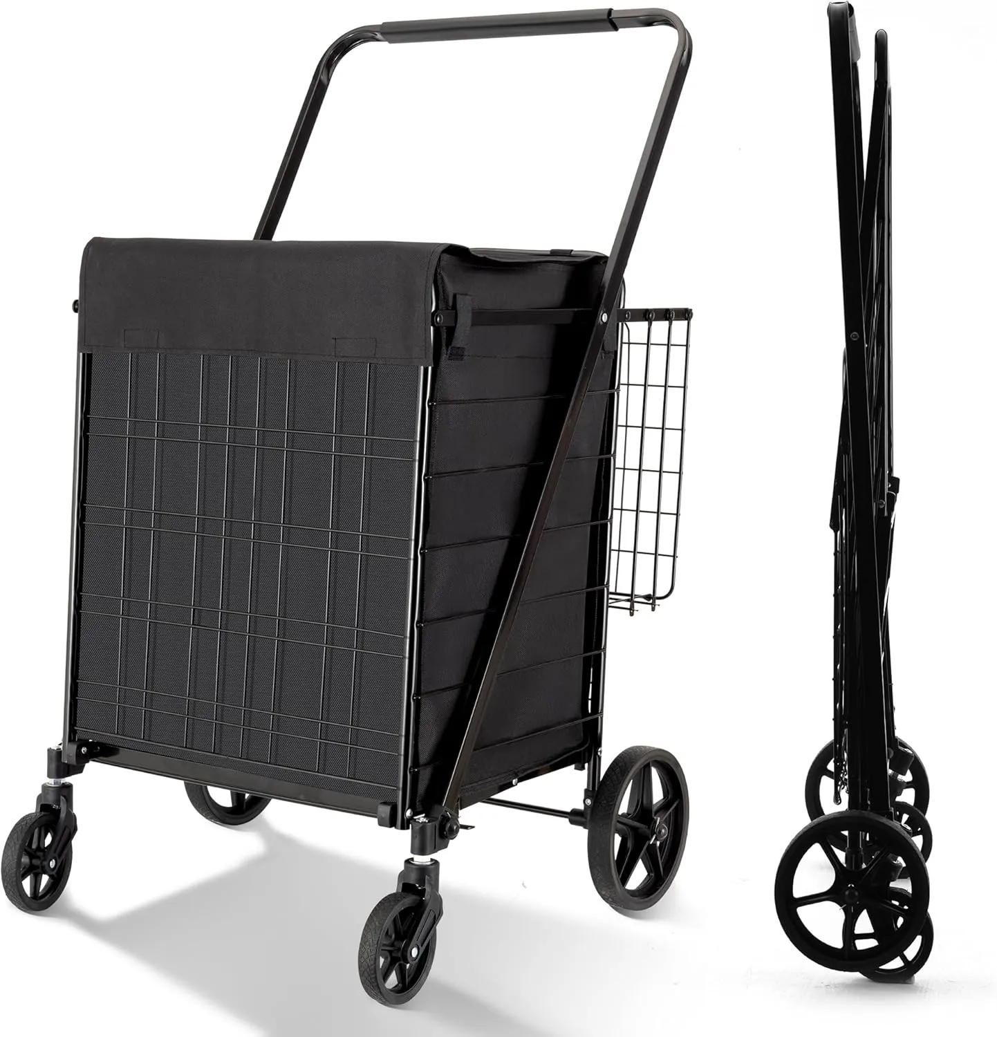 Folding Shopping Cart with Waterproof Liner, Grocery Cart Large Bag with Top Cover, 400 Lb Capacity, Utility Cart with 360° Rolling Swivel Wheels, Extra Large & Extra Basket
