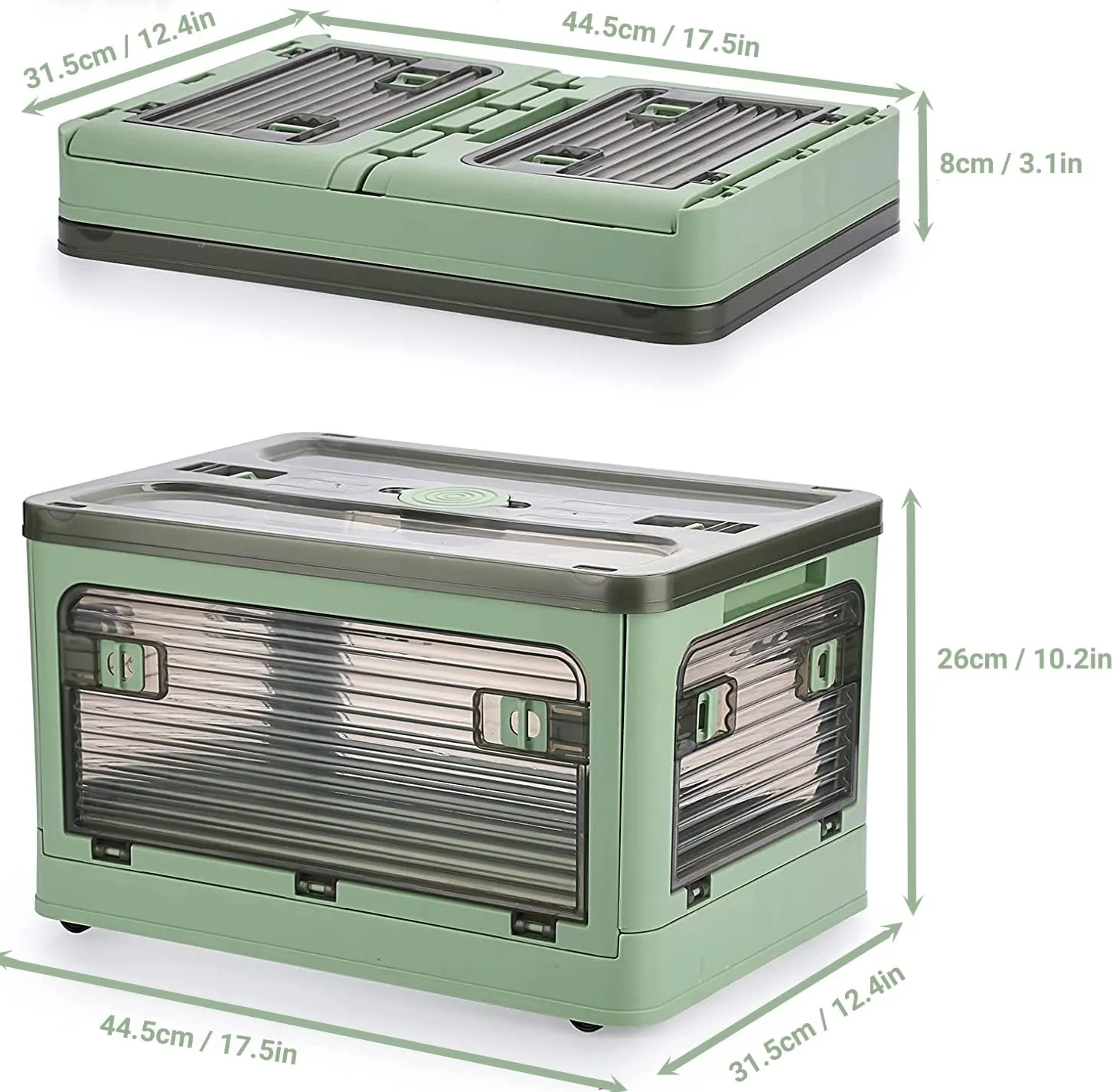 Folding Storage Bins, 36 Liters, 2 Pcs Green Plastic Storage Containers with Wheels, Four Doors, Foldable, Stackable, Plastic Box with Lids for Organization, Storage Cart