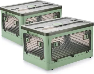 Folding Storage Bins, 36 Liters, 2 Pcs Green Plastic Storage Containers with Wheels, Four Doors, Foldable, Stackable, Plastic Box with Lids for Organization, Storage Cart