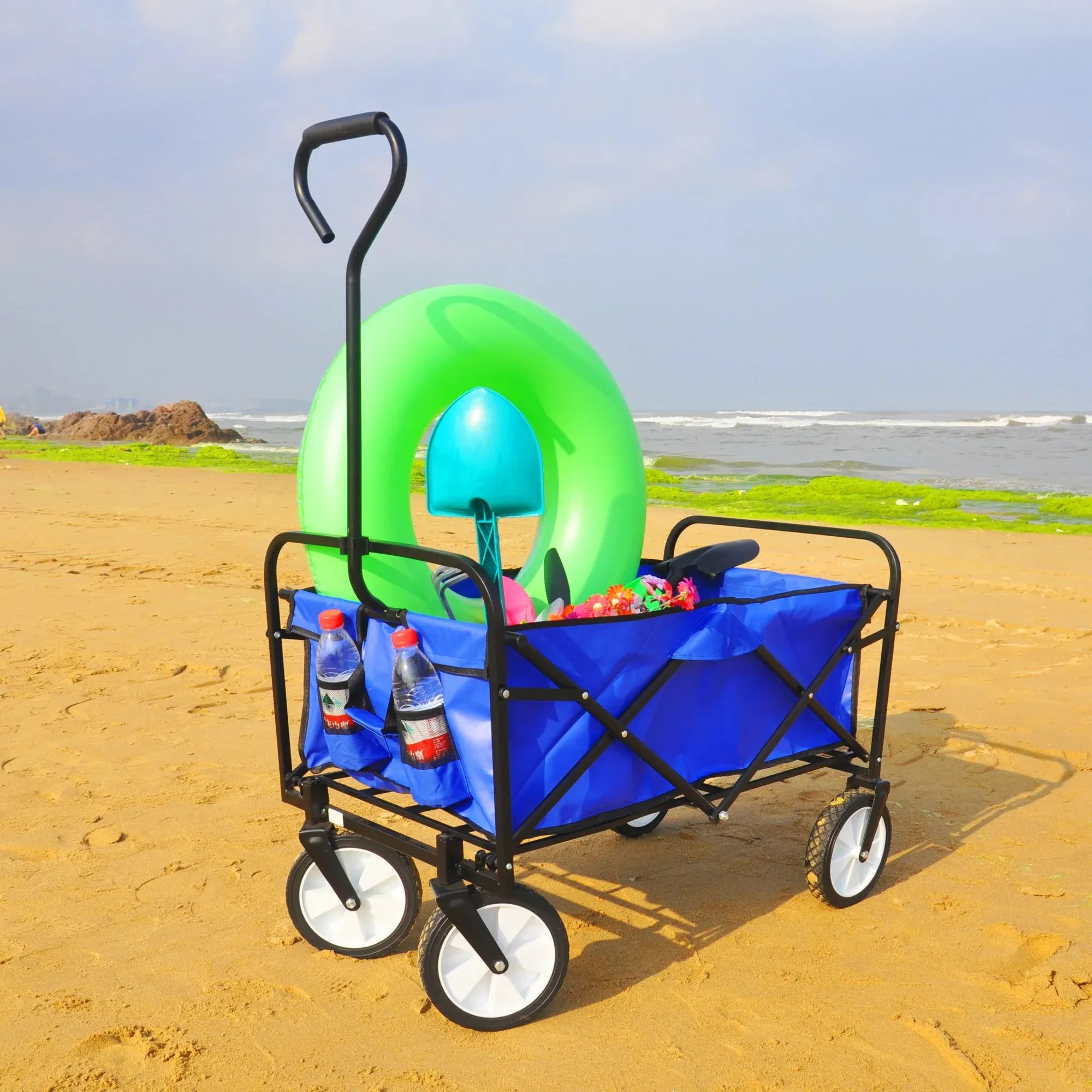 Folding Wagon Garden Cart - Large Capacity Utility Grocery Shopping Beach Carts with Wheels Moving Trolley for Outdoor