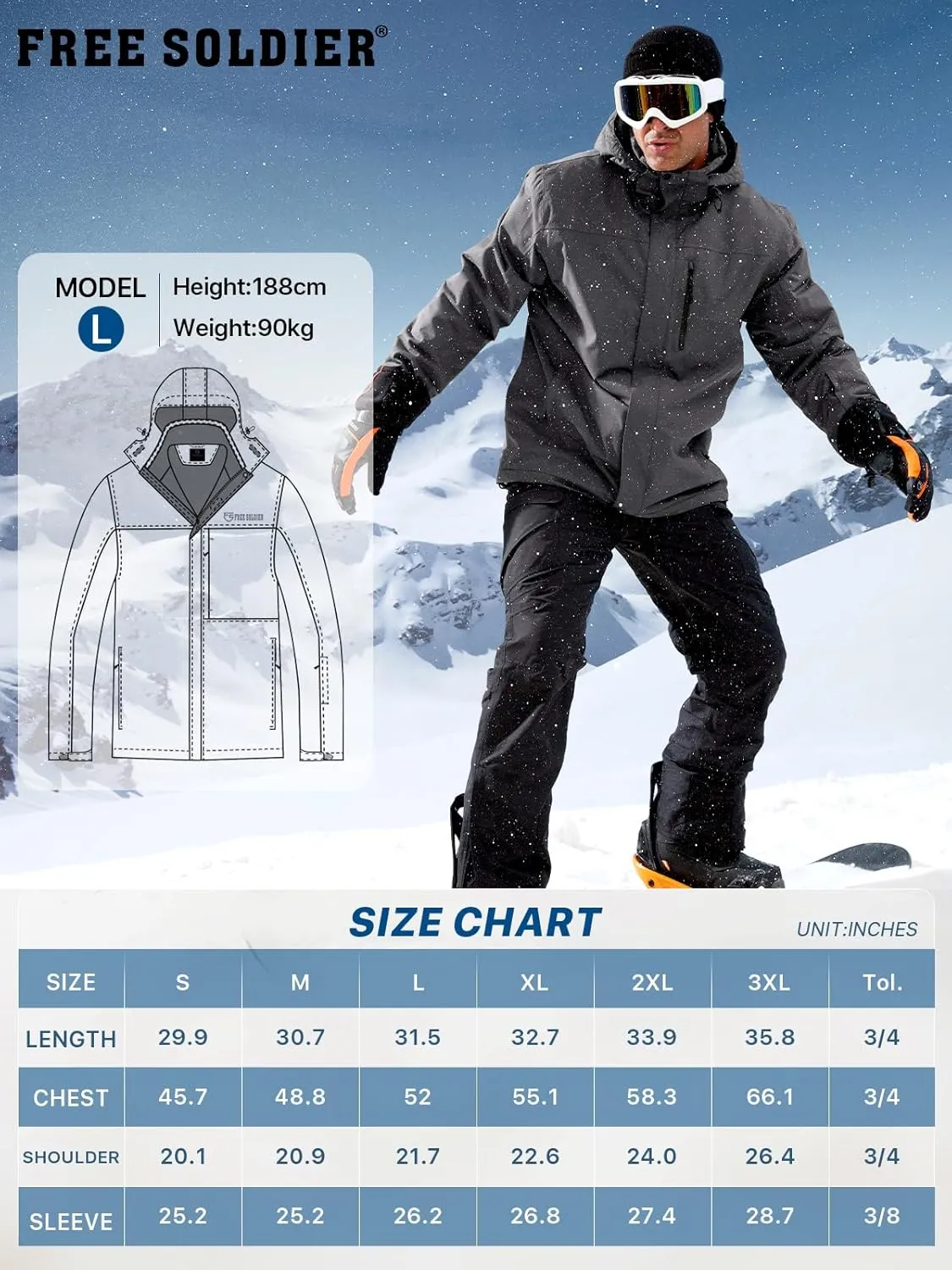 FREE SOLDIER Men's Waterproof Ski Snow Jacket Fleece Lined Warm Winter Rain Jacket with Hood Fully Taped Seams
