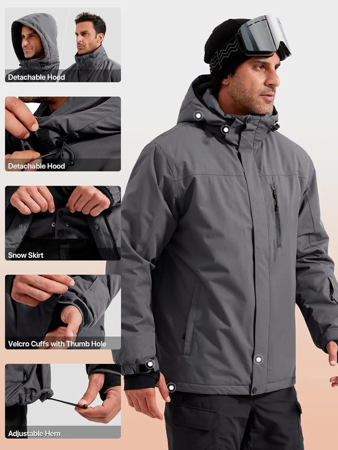 FREE SOLDIER Men's Waterproof Ski Snow Jacket Fleece Lined Warm Winter Rain Jacket with Hood Fully Taped Seams