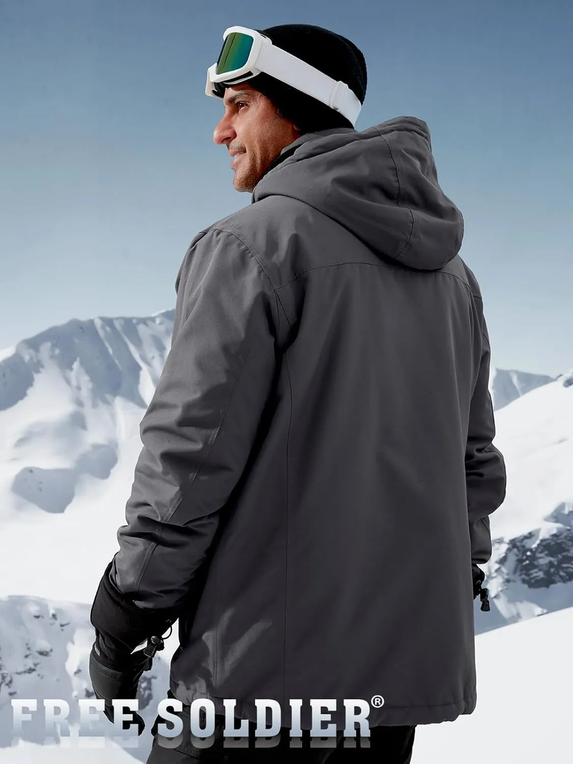 FREE SOLDIER Men's Waterproof Ski Snow Jacket Fleece Lined Warm Winter Rain Jacket with Hood Fully Taped Seams