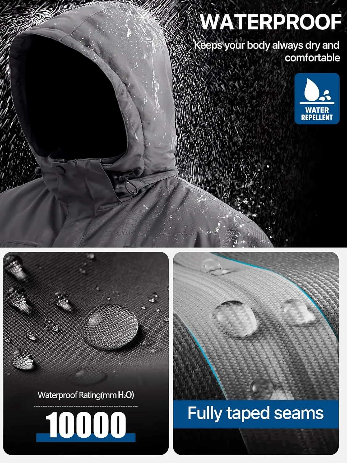 FREE SOLDIER Men's Waterproof Ski Snow Jacket Fleece Lined Warm Winter Rain Jacket with Hood Fully Taped Seams