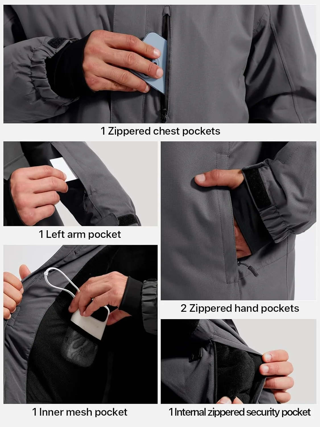 FREE SOLDIER Men's Waterproof Ski Snow Jacket Fleece Lined Warm Winter Rain Jacket with Hood Fully Taped Seams