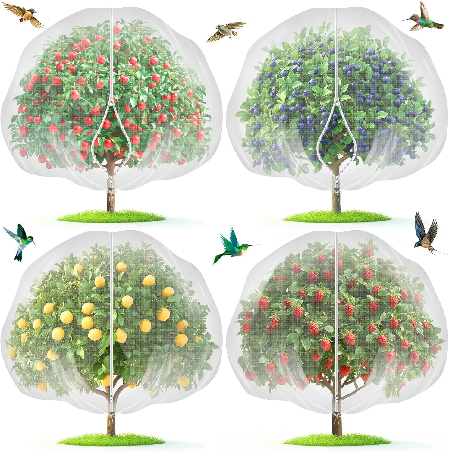 Fruit Tree Netting with 2-Way Zipper & Drawstring - 4'x6' Garden Plant Net Pest Barrier to Prevent Cicadas Bird Squirrel Deer - Bug Protection for Blueberry Tomato with Fine Mesh Insect Cover (4 Pack)